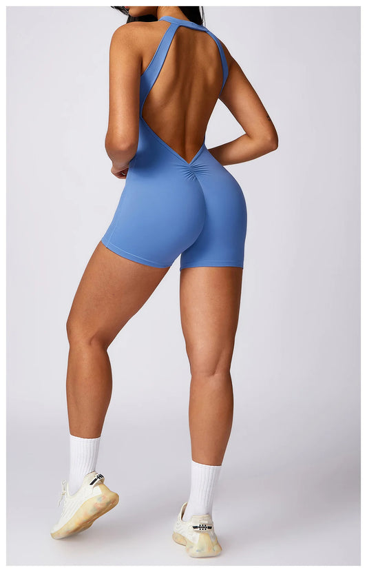 Conjunto mono corto Gym mujer Sin espalda azul